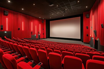 Empty Theater Seats, Red Velvet Chairs, Big Screen, Modern Interior, Speakers, Lights