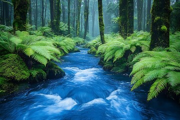 Misty forest stream with vibrant blue water, lush ferns, and moss-covered trees