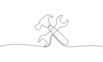 Continuous line drawing of Service tools on white background.