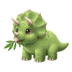 Cartoon Triceratops eating leaves, standing, big eyes, cute