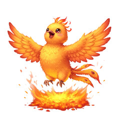 Obraz premium Cute cartoon Phoenix bird with fiery wings taking flight.