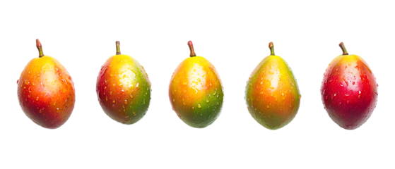 Five fresh passion fruit variations displaying different stages of ripeness are arranged horizontally isolated on a transparent background.