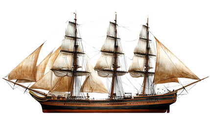 Historic ship with sails navigating open waters.
