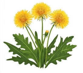 Three vibrant dandelions with lush green leaves