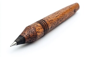 Handcrafted wooden pencil sharp graphite tip rich brown tones detailed wood grain isolated on white