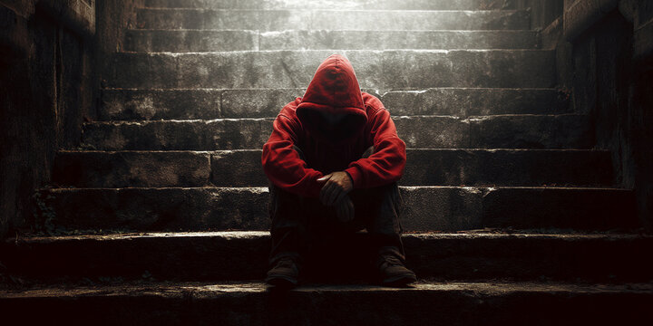 Person in red hoodie sits on dark stone steps, head bowed, conveying loneliness and despair, symbolizing hardship or isolation