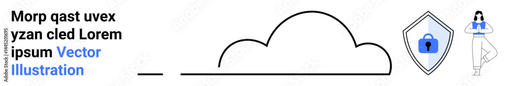 Poster cloud outline paired with a shield displaying a padlock and a standing professional figure in blue a