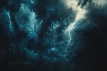 Dark storm clouds unleash lightning strikes over a dramatic sky during a thunderstorm at dusk