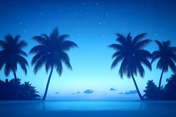 Serene Twilight Beach Scene with Silhouetted Palm Trees under a Starry Sky