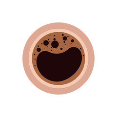 Flat vector illustration of a coffee cup seen from above, showing a dark brew with foam bubbles. Simple and modern style, perfect for apps, menus, icons, and café branding.