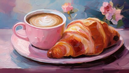 Romantic breakfast with coffee and croissant in pink cup, pastel painting with cozy mood, a