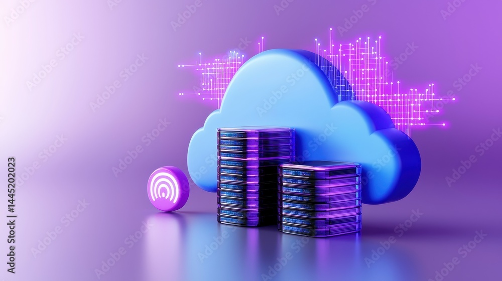 Aufkleber stylized blue cloud with digital data stacks, creating a futuristic tech atmosphere.