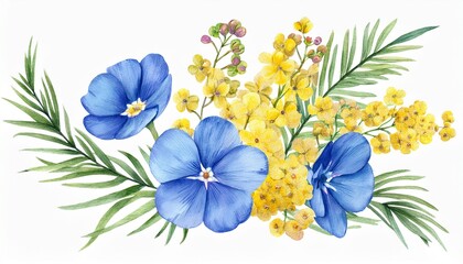 Blue and yellow flowers. Watercolor forget me not flowers, flax flower, mimosa, leaves. Han