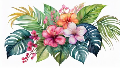 Flowers, palm leaves. Tropical floral watercolor illustrations, exotic foliage hand painted