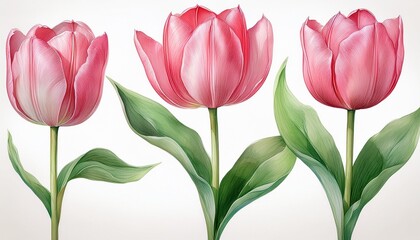 Watercolor tulips set, floral botanical illustration, hand-painted pink tulip flowers with