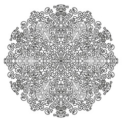Highly detailed mandala pattern with dense curves and symmetrical design in black and white. Perfect for adult coloring pages, decorative artwork, and vector illustrations.