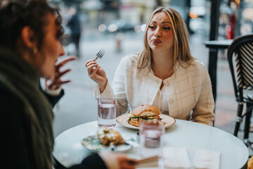 Two women share a meal together at an outdoor cafe, engaging in conversation and enjoying burgers and beverages. Their interaction conveys a sense of companionship, leisure, and appreciation of good