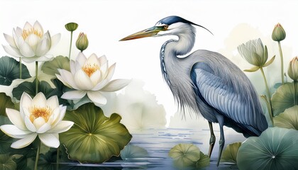 Gray heron among blooming white lotus flowers, watercolor Water lilies and birds isolated.