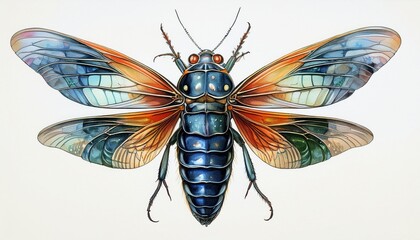 Cicada insect. Black blue orange wings isolated vintage scientific natural art watercolor i