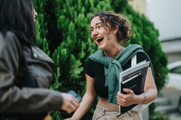 Two people enjoy a vibrant conversation and laughter outdoors, one holding books in hand. The camaraderie and joyful atmosphere showcase a pleasant and engaging interaction amid a greenery background.
