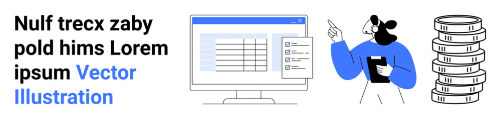 Person analyzing data with a clipboard next to a monitor displaying a table interface and stacked coins. Ideal for finance, analytics, business, economy, strategy, audit, simple landing page