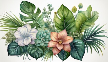 flowers, succulents, monstera palm leaf isolated, tropical green plant illustration, hand p