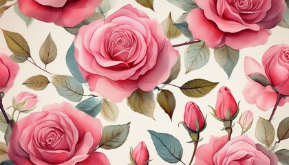 seamless pattern with pink roses flowers, bud and leaves watercolor flora background. Beaut
