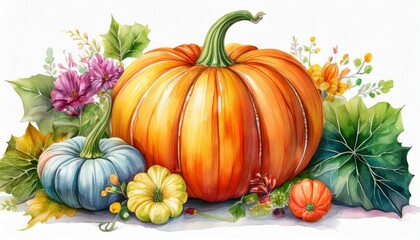 watercolor cut pumpkin, colorful decorative gourds autumn vegetable food composition isolat