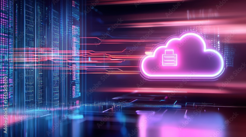 Aufkleber abstract digital cloud storage concept with vibrant neon colors and data streams.