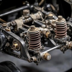 Fototapeta premium Vintage Car Engine Detailed Closeup Rusty Springs Classic Antique Vehicle Mechanical Parts old gear 