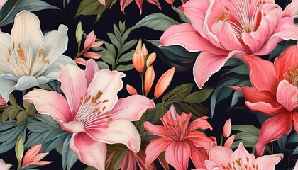 seamless floral pattern with pink lilies, peonies, romantic watercolor flowers, elegant bot