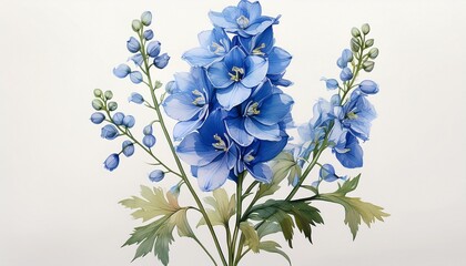 watercolor blue delphinium flower on stem botanical illustration delicate spring floral des