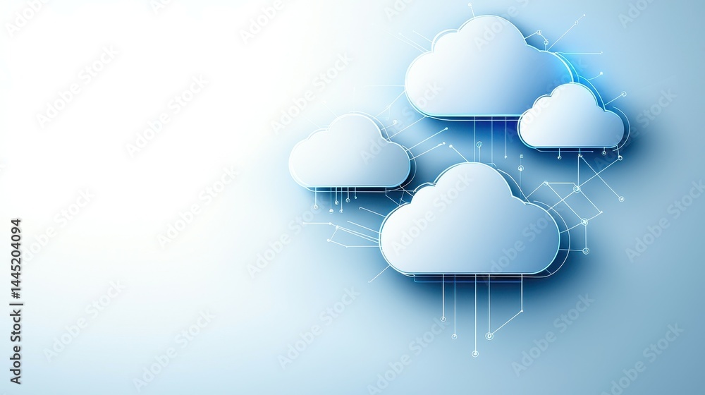 Poster stylized digital cloud icons with technological elements on a blue gradient background.