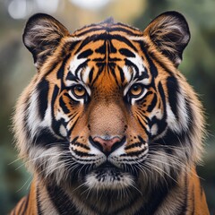 Fototapeta premium A breathtaking closeup of a Bengal tiger its piercing amber eyes staring directly into the camera The intricate details of its vibrant orange 