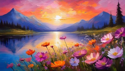 peaceful lakeside view, blooming flowers colorful sunset sky mountain reflection in water o