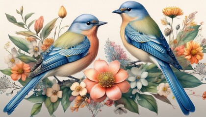 Colorful birds and flowers, watercolor botanical composition bluebirds, finches, floral ele