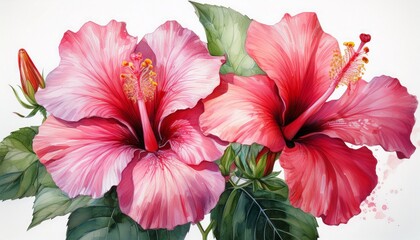 Pink hibiscus flowers on an isolated white background, watercolor botanical illustration, t