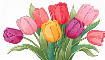 Bouquet tulips, hand-painted floral illustration for spring and summer designs on white bac