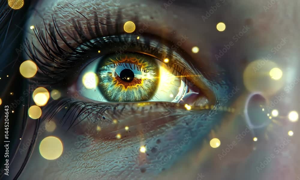 Poster this striking close-up showcases a detailed eye featuring vibrant reflections of lights, creating an