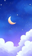 A crescent moon shines in a twilight sky, above fluffy clouds and scattered stars