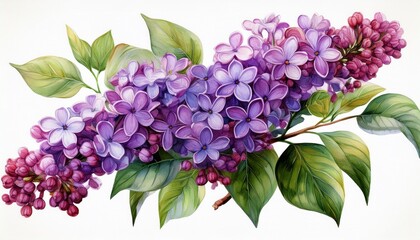 Watercolor lilac flowers branch Illustration. Painted purple spring botanical art Isolated