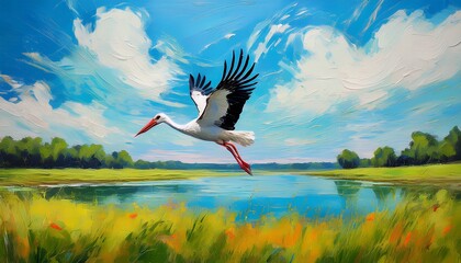 Flying stork over green field, blue lake, bright sky with clouds, scenic summer landscape a