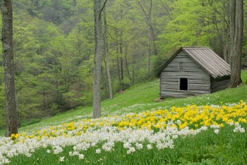 Misty mountain cabin, daffodils