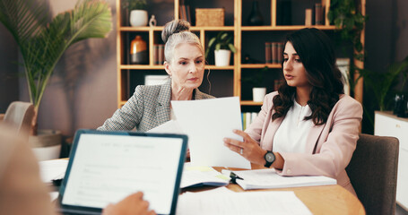 People, lawyers and meeting with documents in office for legal consulting, planning and team...