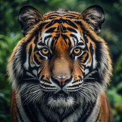 Fototapeta premium A breathtaking closeup of a Bengal tiger its piercing amber eyes staring directly into the camera The intricate details of its vibrant orange 