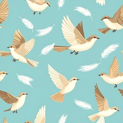 Obraz premium Seamless Bird and Feather Pattern – Flying Birds on Blue Background