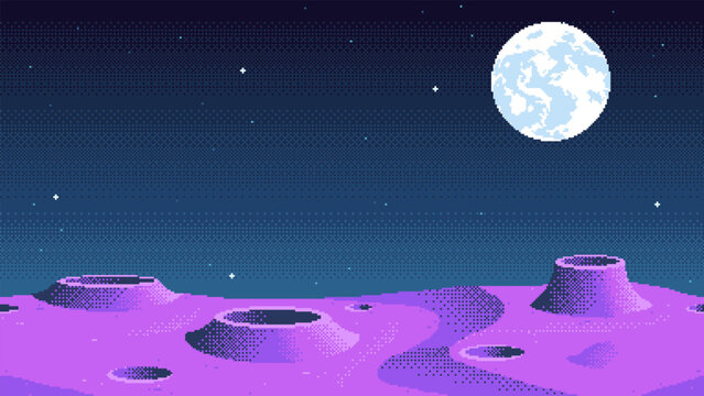 Pixel art planet surface background. Cosmic moon game location. Outer space seamless vector illustration.