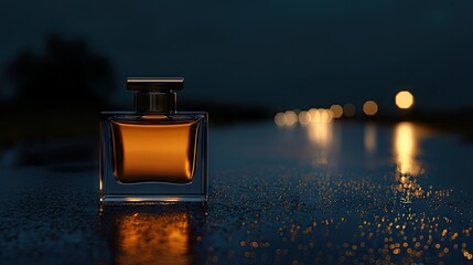 Elegant perfume bottle on a wet surface at night.