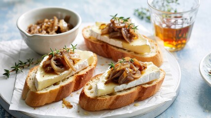 Brie toast with caramelized onions and honey drizzle on rustic light surface