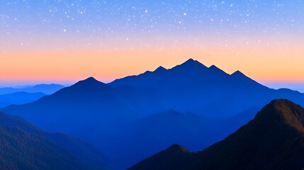 Majestic Mountain Range at Sunset with Starry Sky Peaceful landscape  of blue mountains under a twilight sky